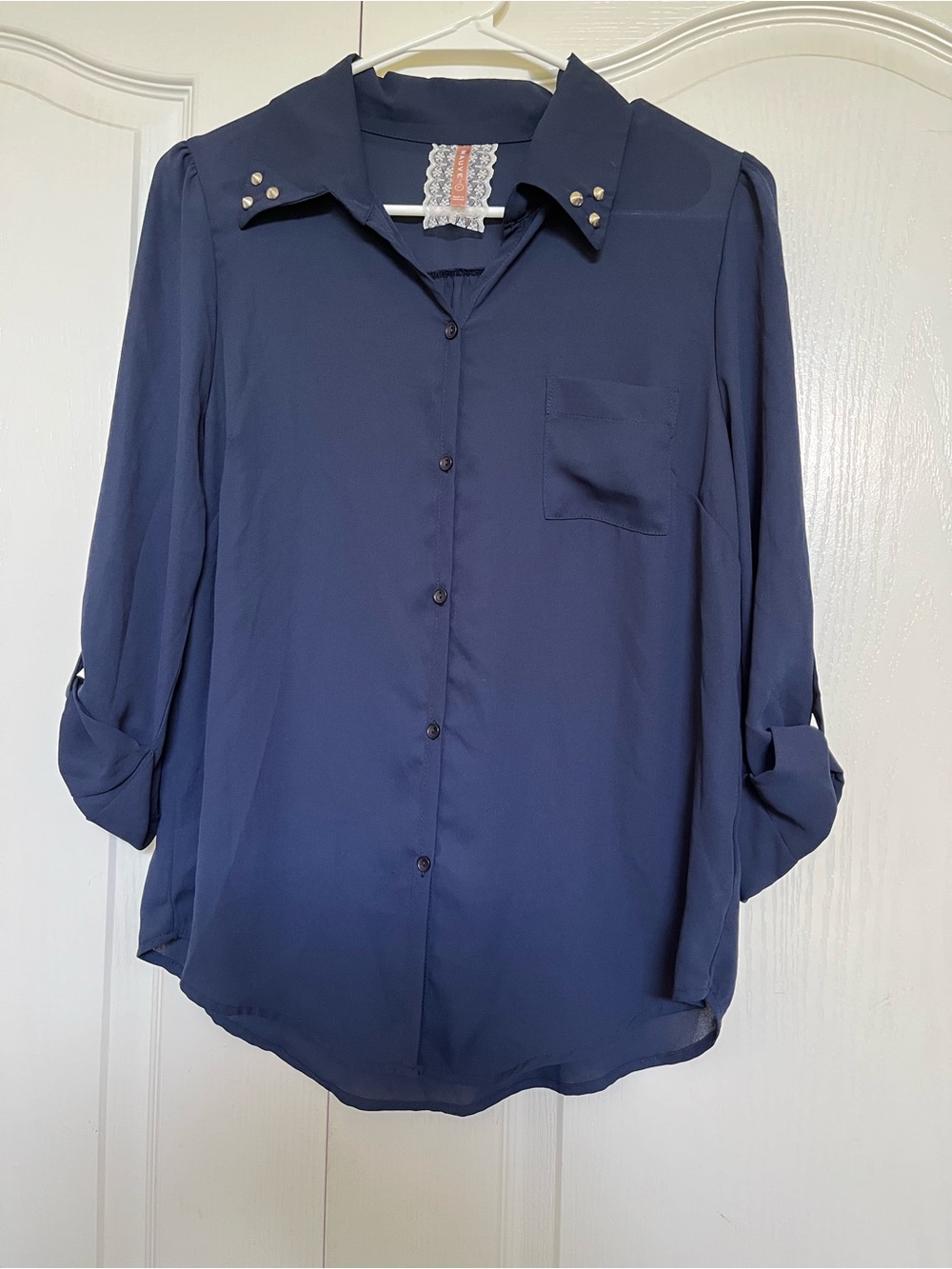 Mauve Navy Button-Down Blouse with Studded Collar